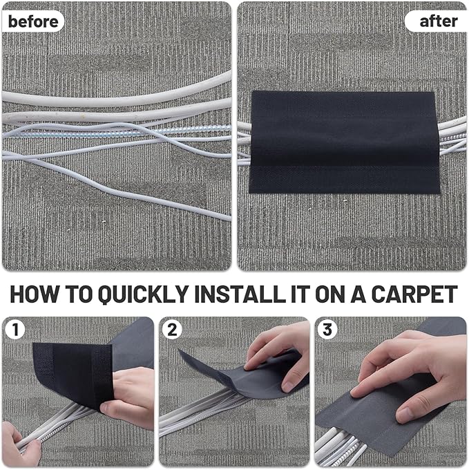 IHKFILAN Carpet Cord Cover Carpet Cable Management Under Desk Cable Grip Strip Black Hook and Loop Tape Cable Polyester Cover Protect Cables to Prevent Tripping Over Wires for Homes & Office(10ft)