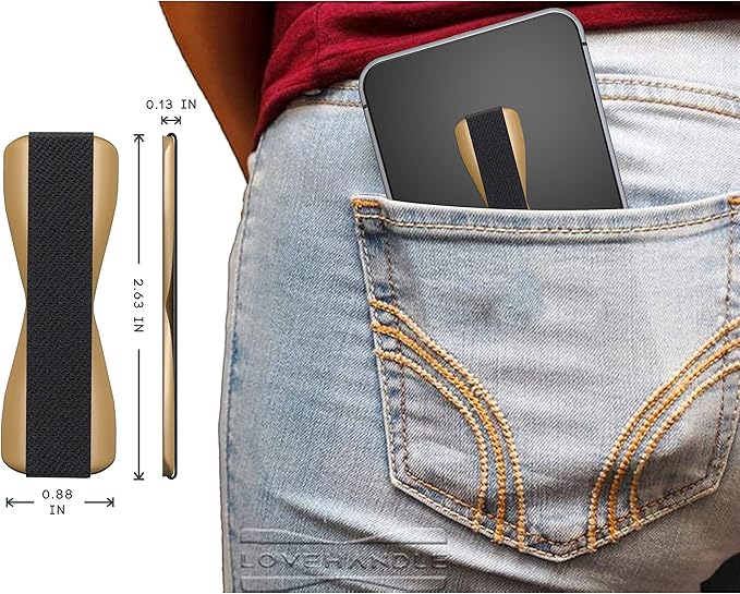 LOVEHANDLE Universal Phone Grip for Smartphones & Mini Tablets - Phone Holder for Hand - Wireless Charging Compatible - Made in The USA - Black Elastic Strap with Gold Base