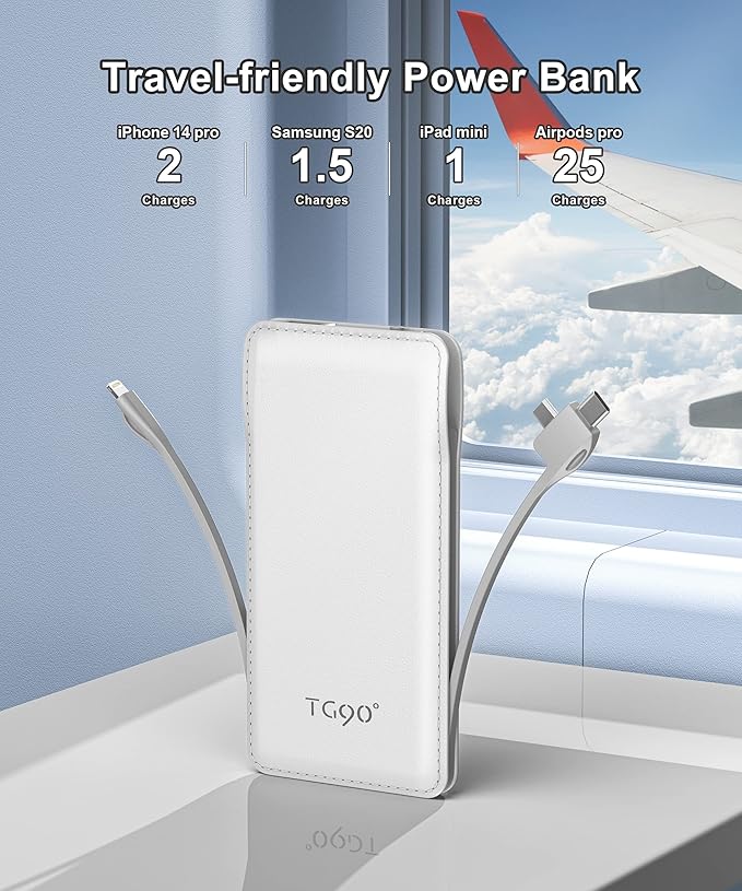 TG90° Cellphone Portable Charger with Built in Lightning and Android Cables Power Bank 10000mah External Battery Packs, USB-C Portable Battery Backup Charger Compatible with iPhone and Android Phones