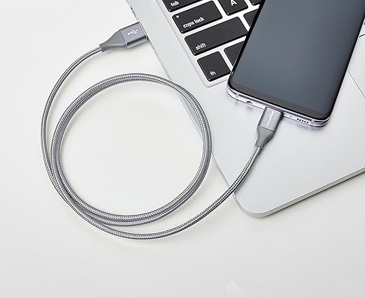 Amazon Basics USB-C to USB-A 2.0 Fast Charger Cable, Nylon Braided Cord, 480Mbps Speed, USB-IF Certified, for Apple iPhone 16/15, iPad, Samsung Galaxy, Tablets, Laptops, 3 foot, Dark Grey