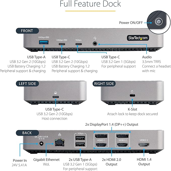 StarTech.com USB-C Triple Monitor Docking Station for MacBook Pro / Air M1 M2 M3 M4 & Windows, Universal 4K HDMI DP Dock, Thunderbolt Compatible, 100W Laptop Charging (116N-USBC-DOCK)
